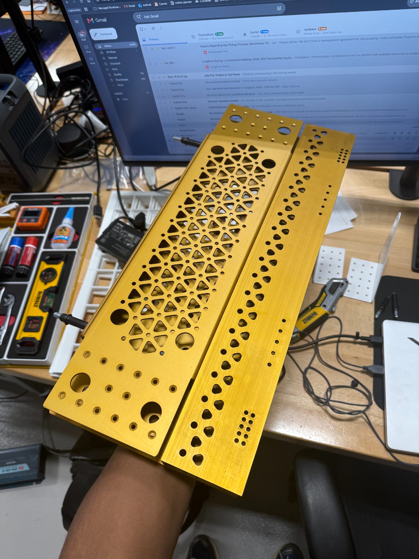 Powder-coated sheet metal rails with lightening pattern