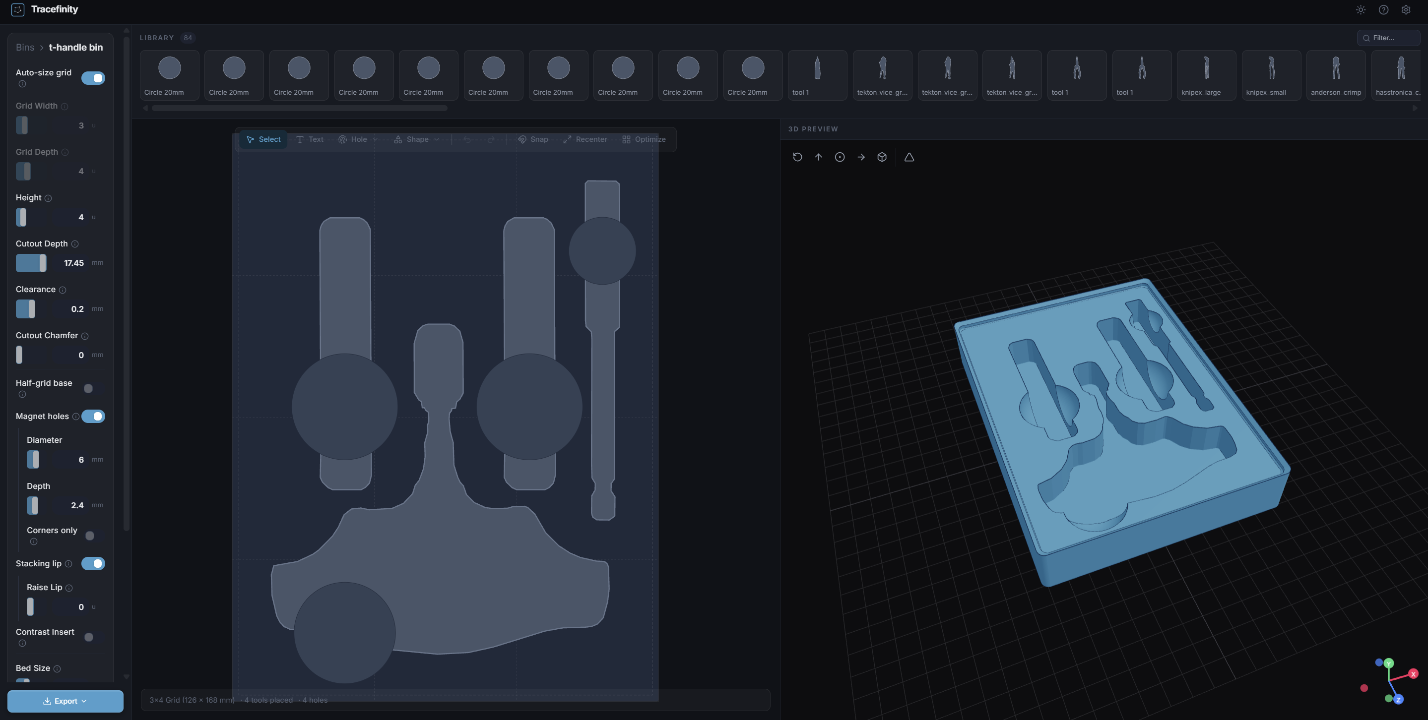 Tracefinity interface showing a traced tool outline and a 3D preview of the foam insert